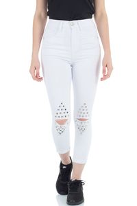 Damen 7/8 Cropped Jeans Röhrenhose mit Hohem Bund und Nieten am Knie, Größe:40, Farbe:Weiß