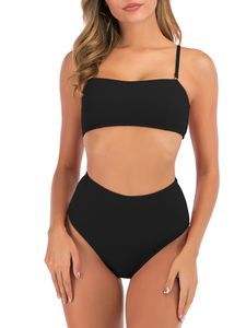 ydance Damen Badeanzüge Bikini Sets Hohe Taille Push Up Padded Strandkleidung,Farbe:Schwarz,Größe:S