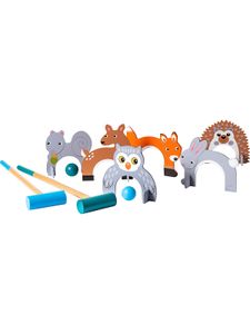 myToys ORIGINALS Holz Krocket, Tier Design, 2 bunte Holzschläger, 2 bunte Bälle, 6 Tore in Tierform, für drinnen & draußen, Minigolf