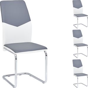 Schwingstuhl LEONA Kunstleder in grau und weiß Esszimmerstuhl Freischwinger im 4er Set, verchromtes Metallgestell
