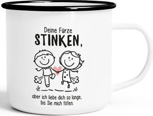 Emaille-Tasse Deine Fürze stinken aber ich liebe dich Geschenk Freund Mann lustige Liebeserklärung Emaillebecher Moonworks® emaille-weiß-schwarz standard