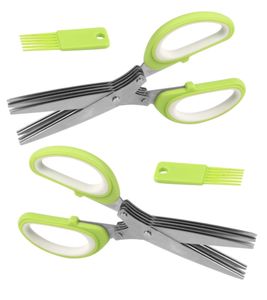 2er Set - 5 Klingen Kräuterschere Küche aus Edelstahl | Mehrzweckschere mit Reinigungsbürste | Universal Küchenschere mit 5 Edelstahlklingen | Kräuterschneider | Gemüseschere Schnittlauchschere - grün