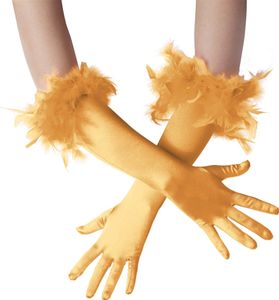 Lange Satin-Handschuhe mit Federn - gold
