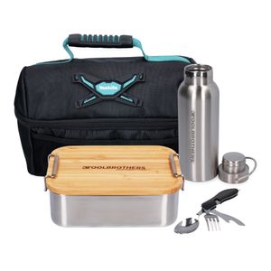 Toolbrothers Fan Lunchpaket in Makita Kühltasche mit Edelstahl Brotdose mit Bambus Deckel 1200 ml + Edelstahl Trinkflasche 500 ml + 4 in 1 Multifunktions Besteck