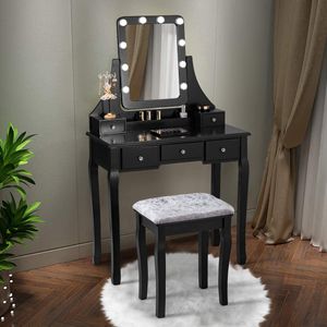 Toaletní stolek COSTWAY se stoličkou, zrcadlem otočným o 360° a 10 LED žárovkami, s 5 zásuvkami, odnímatelnou deskou a organizérem černý