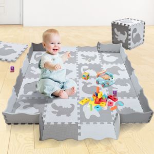 Krabbelmatte Puzzelmatte Spielmatte für Babys und Kleinkinder EVA Schaumstoff 16 tlg mit Tieren in grau weiß