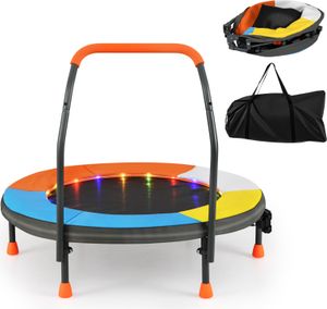 Składana trampolina dla dzieci COSTWAY Ø90 cm, mini trampolina z diodami LED, uchwytem i torbą do przenoszenia, trampolina fitness, trampolina ogrodowa dla dzieci w wieku od 3 lat