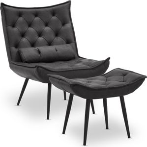 MCombo Sessel mit Hocker, moderner Relaxsessel mit Taillenkissen für Wohnzimmer, Retro Vintage Lesesessel Loungesessel Stuhl Polstersessel, Kunstleder,4778 (Dunkelgrau)