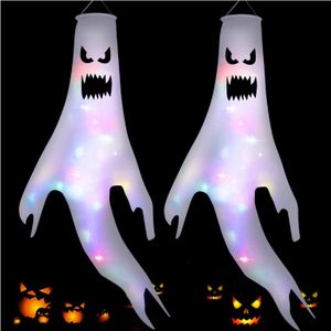 4 Stück Halloween Deko Horror, 120cm Halloween Geister Deko Garten mit LED Lichterkette, Halloween Windsack Fahne hängender Geist