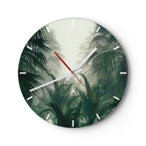Wanduhr - Rund - Glasuhr - Dschungel Blätter Palmen - 40x40cm - Schleichendes Uhrwerk - Lautlos - zum Aufhängen bereit - Dekoration Modern - Wanddekoration aus Glas - C3AR40x40-4504