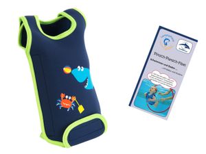 Lampiphant® + Konfidence Babywarma, Schwimm-Anzug mit Plitsch-Platsch-Fibel, Krabbe/Navy, 12-24 Monate