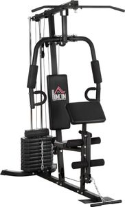 HOMCOM Posilňovacia stanica Fitness stanica s lat pull-down a butterfly tyčou Posilňovacia stanica Multi-gym so 45 kg závažiami Multi-station set Posilňovací tréning Oceľová Imitácia kože Čierna 180 x 108 x 200 cm