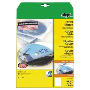 SIGEL LA505 CD-/DVD-Etiketten, weiß, mit Zentrierhilfe, Ø 117 mm (A4), 17 mm Innenloch, 50 Et.=25 BL