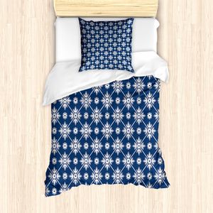 ABAKUHAUS Blau Bettbezug Set für Einzelbetten, Kariertes folklorisches Blumen, Milbensicher Allergiker geeignet mit Kissenbezug, Weiß Blau