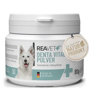 REAVET DentaVital Zahnpflege Pulver für Hund & Katze 80g - Natürlicher Zahnsteinentferner, Effektive Zahnreinigung ohne Zahnbürste, Mittel gegen Zahnstein und Maulgeruch beim Hund