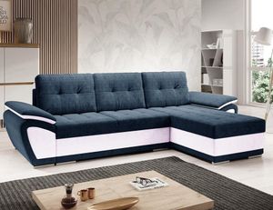 Easy4You ENZO Marineblau/Weiß Ecksofa L-Form Rechts 268 x 97 x 157 cm mit Schlaffunktion und Stauraum - Schlafsofa mit Bettkasten - Moderne Wohnzimmermöbel – Stoff: SORO 76 + SOFT 17