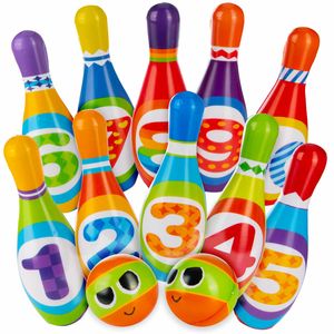 Kegelspiel für Kinder Bowling-Set XXL mit 10 weichen PU Kegeln und 2 Bällen; Lern-Spielzeug für Drinnen & Draußen aus Schaumstoff