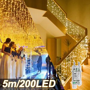 LZQ LED Lichterkette Außen und Innen 200 LEDs 5m Deko LED Regenkette IP44 Schutz, 8 Modi mit Stecker, Halloween Weihnachten Hochzeit Party, Eisregen Form, Warmweiß