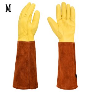 Leder-Gartenhandschuhe mit Unterarmschutz, stichfeste lange Rosen-Trimmhandschuhe, bräunlich gelb, M