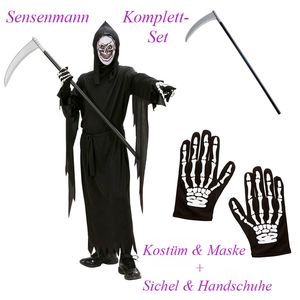 Kinder Komplett Set Sensenmann Kostüm + Skelett Handschuhe & Sichel # Gr. 158