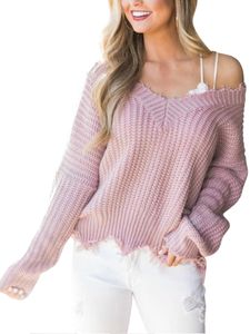 Damen V-Ausschnitt Strickpullover Pullover Schulterfrei Pullover Strick Tops Bluse,Farbe: Rosa,Größe:M