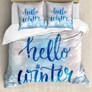 ABAKUHAUS Winter Bettbezug, Hallo Winter-Wörter Schnee, Milbensicher Allergiker geeignet mit Kissenbezügen, 155 cm x 220 cm - 80 x 80 cm, Blau Pale Pink Weiß