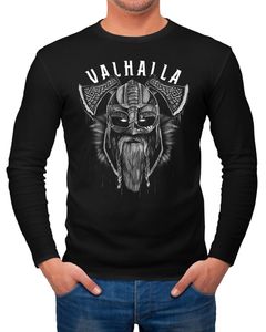Herren Long-Sleeve Valhalla Wikinger Helm Viking Odin Krieger Printshirt Langarm-Shirt Neverless® schwarz L