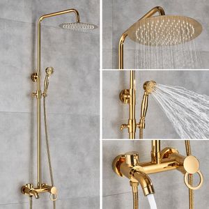 20cm Duschsystem Regendusche Duscharmatur Duschstange 70cm-120cm Handbrause + zwei Griffe (Gold)