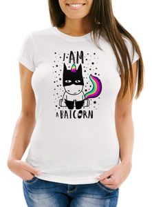 Damen T-Shirt Einhorn Unicorn Batcorn Slim Fit Moonworks® weiß XL