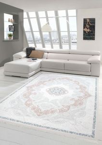 Designer Teppich Moderner Teppich Wollteppich Meliert Wohnzimmer Teppich Wollteppich  Ornament Blau Creme Größe - 80 x 300 cm