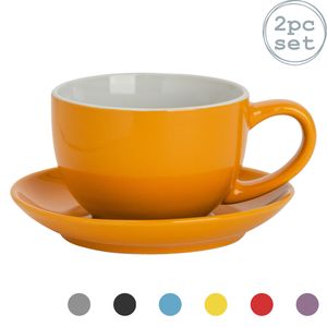 Argon Ta Farbige Cappuccino Tasse und Untertasse - Modern Style Porzellan-Tee-und Kaffeetasse - Gelb - 250ml