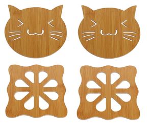 4x Holzuntersätzer Katze & Blume Untersetzer Geschenk Kaffee Holz Tee Tasse Küche Esstisch Untertasse Set Holz verdickte hitzebeständige Isoliermatte rutschfest, Katzenform