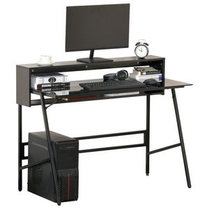 HOMCOM Computertisch Schreibtisch mit zwei Ablagen moderner Gamingtisch mit gehärtetem Glasplatte Home-Office verstellbare Fußmatte Stahl Spanplatte Schwarz+Grau 115 x 55 x 90 cm