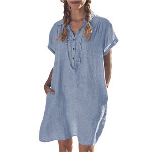 Lockere Passform Hemdkleid Lässiges Sommer Hemdkleid aus Baumwolle, Farbe: Blue,Größe:M