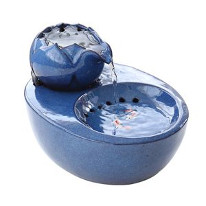Katzenbrunnen Keramik-Haustier-Wasserspender – vertikaler Lotus-Katzen-Trinkbrunnen – automatischer Zirkulationsfilter Wassergesundheit und Hygieneboden mit kleiner Fischdekoration(Blue)