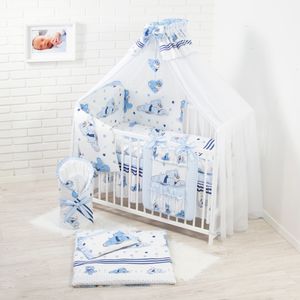 Babybettwäsche Komplettset 18 Teilig ohne Bett für Bettchen in Größe 60x120 aus 100% Baumwolle Blau - Teddybär mit Löwenzahn inkl. Moskitonetz