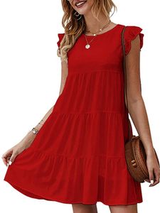 Frauen Sommer Strand Sundress Einfarbig Mini Kleid Rundhalsausschnitt Kurze Kleider Party Rot,Größe S