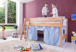 Relita Halbhohes Spielbett Kim Buche massiv natur lackiert mit Textil-Set, hellblau/weiß