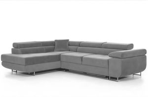 Narożnik z funkcją spania PASTI w kształcie litery L, sofa rozkładana z pojemnikiem na pościel, narożnik, sofa rozkładana, sofa z funkcją spania jasnoszara otomana lewa