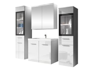 MIRJAN24 Badmöbel-Set Madrit II, Badezimmer-Set mit Spiegel und Waschbecken (Farbe: Weiß / Weiß Hochglanz, mit Siphon, mit weißer LED Beleuchtung)