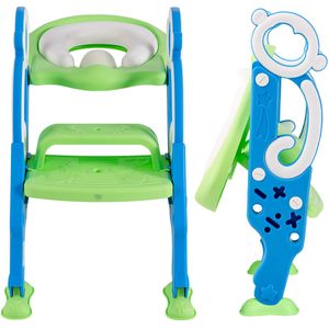 Toilettensitz Kinder, Rutschfester Töpfchentrainer mit Treppe & Griffen, Faltbare Toilettensitz für Kinder von 2-7 Jahren, Kindertoilette Höhenverstellbar (Blau + Grün)