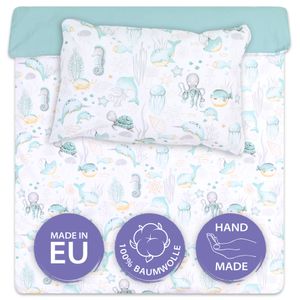Baby Bettwäsche set 100 x 135 cm - Set Kinderbettwäsche Kissen 40x60 und Bettdecke Wassertiere mit Salbei