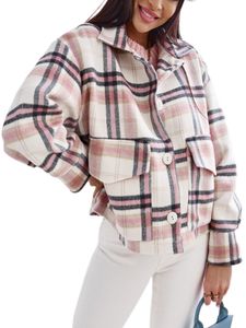 Damen Button Down Hemd Mantel Arbeit Kariert Mit Taschen  kurze Reverswolljacken,Farbe:Rosa,Größe:M