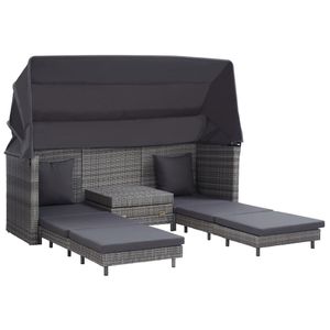 Ausziehbares 3-Sitzer-Schlafsofa mit Dach Poly Rattan Grau Gartenlounge set 200x75x70/150 cm