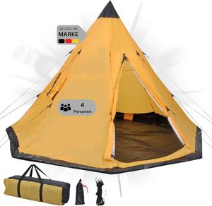 DELUKE® Campingzelt 4 Personen TIPI gelb | regenfest, atmungsaktiv | Tipi Pyramidenzelt Familienzelt für 4 Personen Gruppenzelt Zelt Camping Zelt Outdoor Zelten