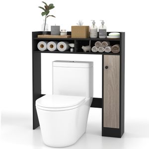 COSTWAY Toaletní skříňka Koupelnová závěsná skříňka, stojan na toaletu s nastavitelnými policemi, dřevěná polička do koupelny, volně stojící skříňka do koupelny (černá)