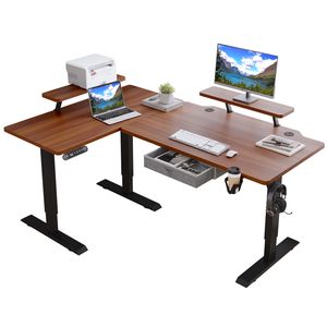 Hilodesk L-Schreibtisch Elektrisch Höhenverstellbar Eckschreibtisch L Förmiger Bürotische Stehpult mit Monitorständer und Schublade 160cm Retro-Holz
