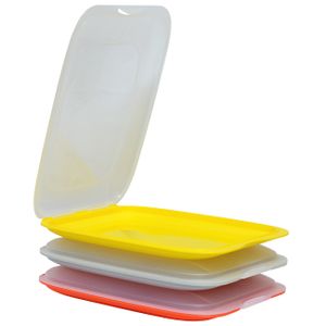 3x Stapelbare Aufschnittbox Frischhaltedose Wurst Behälter Gelb, Grau und Orange