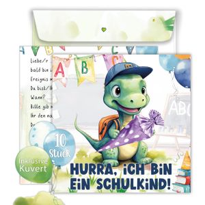 10er Set Einschulung Einladungskarten – Inklusive bedruckte Umschläge – Süßes Dino Design – Einladung Einschulung Junge und Mädchen