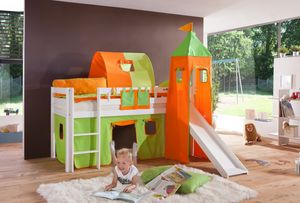 Einzelbett Alex Buche massiv 90x200 cm Weiß lackiert mit Stoff-Set und Rutsche